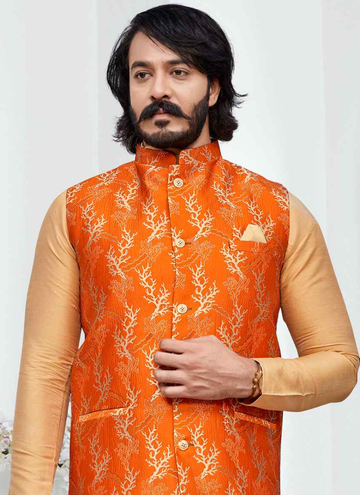 Latest Cream Woven Art Silk Kurta With Orange Brocade Jacket